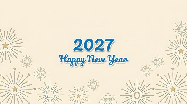Elegant horizontal New Year banner with blue 2027 Happy New Year text and delicate snowflake or firework line patterns on a clean light cream background.
