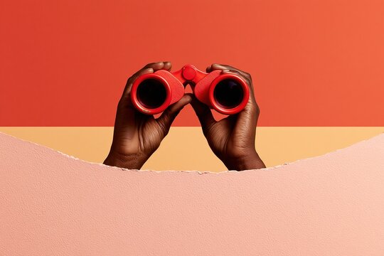 Hands holding red binoculars emerging from a torn paper hole against a vibrant orange and pink background for vision and foresight concepts