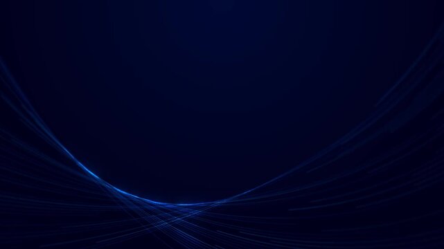 Abstract corporate blue background featuring glowing curved light lines with large empty copy space for premium technology business presentation.