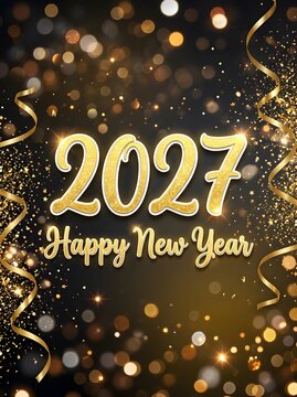 Vertical greeting card template featuring 3D gold 2027 text, curling golden streamers, glowing lights, and a dark blurred bokeh background.