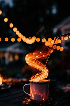 A white enamel mug pouring a glowing ribbon of amber light on a dark patio for a cozy evening and magical holiday atmosphere