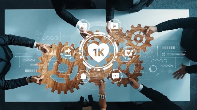 Team Collaboration and Innovation Concept with Creative Gear Arrangement and Digital Connections Represented in Modern Office Setting. Entropy.