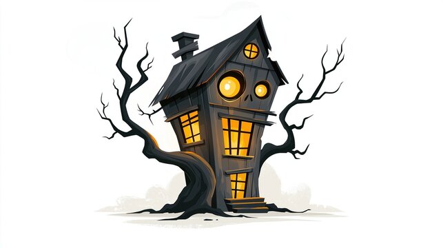 Cute cartoon haunted house with glowing yellow windows and scary skull face surrounded by dead spooky trees on plain white background for fun Halloween decorative illustration