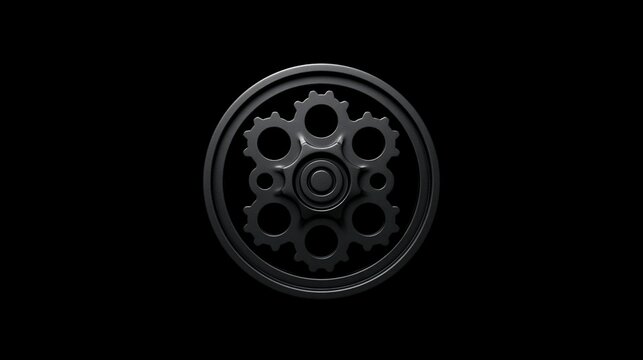 Minimalist dark geometric design of interconnected black gears inside circular frame against pure black background represents industry and mechanical motion concept