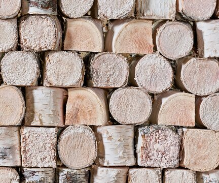 Sawn birch firewood ends arranged in a seamless grid pattern, showing chalky bark bloom and fine ring grain for a bright rustic interior design background