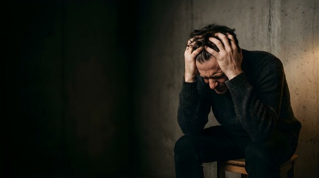 Depressed man sitting alone in the dark holding his head in despair