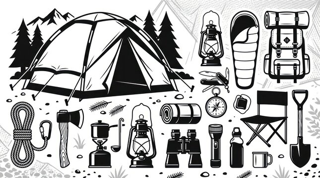 Outdoor camping equipment and survival gear icon collection