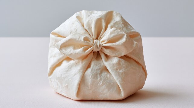 Traditional Japanese wrapping cloth furoshiki with beautiful bow tied around wrapped gift on plain light neutral background represents eco friendly gift-wrapping culture