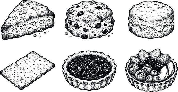 Vintage bakery desserts engraving collection isolated on white background pastry illustration set artwork