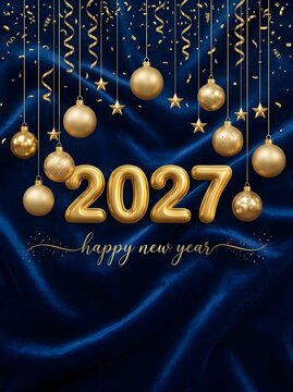 Vertical card and poster template with 3D golden 2027 typography, hanging gold Christmas ornaments, falling sparkles, and elegant navy blue draped silk backdrop.