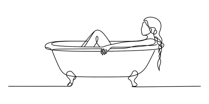 Continuous single line drawing of a relaxed young woman with a long braid hair sitting and soaking in a vintage clawfoot bathtub during her home spa day Vector, illustration