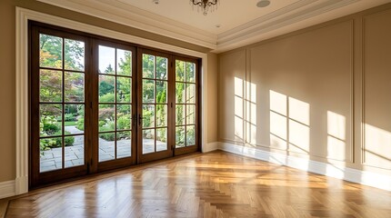 Fototapeta premium Empty luxury room with beige wall, folding door with glass panel to backyard, baseboard on parquet floor in sunlight, shadow for luxury interior decoration,