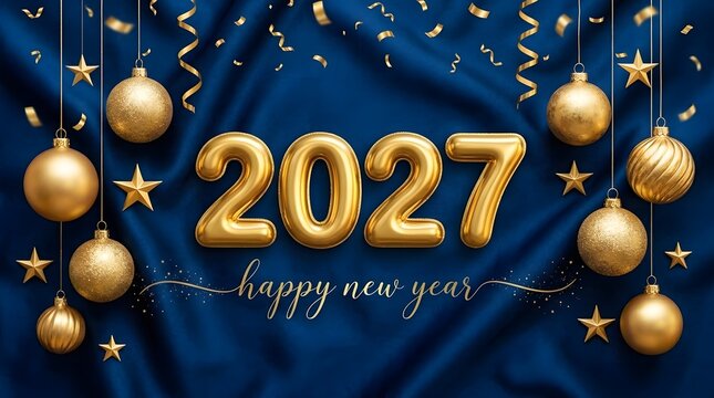 Luxury horizontal banner design featuring 3D golden 2027 numbers, hanging golden baubles, glitter sparkles, and draped dark blue satin silk fabric background.