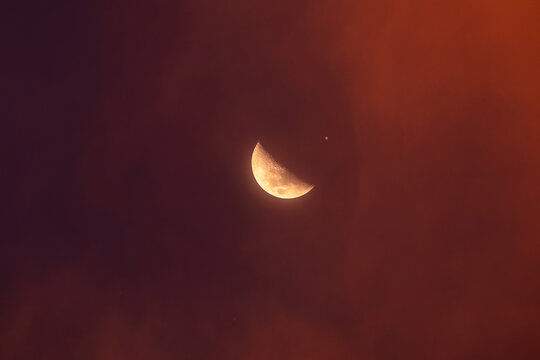 Background night sky of with crescent moon,and stars .Background Greeting card for the holy month of Ramadan of islam	

