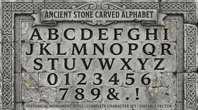 "ANCIENT STONE CARVED ALPHABET". A-Z, 0-9, & . ! chiseled into weathered gray stone with Celtic knot borders. Bold serif letters have deep shadows for a monument look. Title banner reads "ANCIENT STON