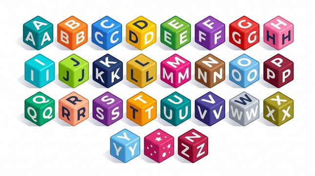 "COLORFUL 3D ALPHABET BLOCKS". A-Z on isometric cubes in bright colors like teal, orange, blue, yellow, green, purple, red, and pink. Each block shows the letter on multiple sides in bold white or dar