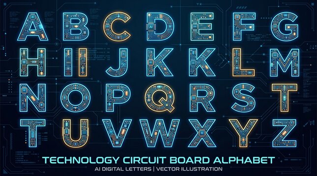 "TECHNOLOGY CIRCUIT BOARD ALPHABET". Full A-Z in glowing neon letters made of microchips, wires, and circuit patterns. Blue and orange outlines on a dark digital background with grid lines. Futuristic