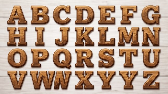 "RUSTIC WOODEN ALPHABET". Full A-Z in 3D carved wood letters with realistic grain texture and warm brown tones. Bold, serif style with soft shadows on a light wood plank background. Note: Y appears tw