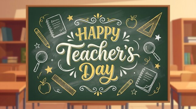 Happy teachers day greeting card design with chalk text and school supplies illustrations on a black blackboard background in a classroom setting for educational appreciation celebration
