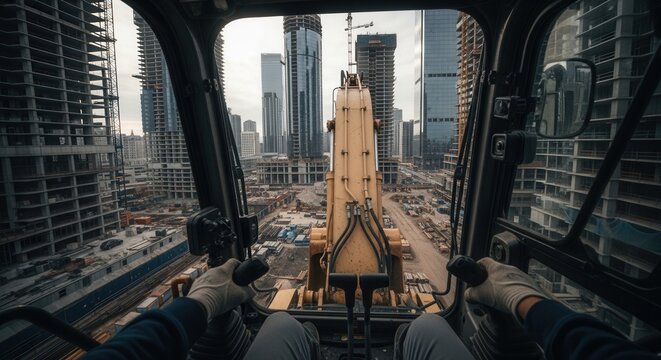 Inside Construction Machinery View Of Skyscrapers Rising High Above A Busy Site