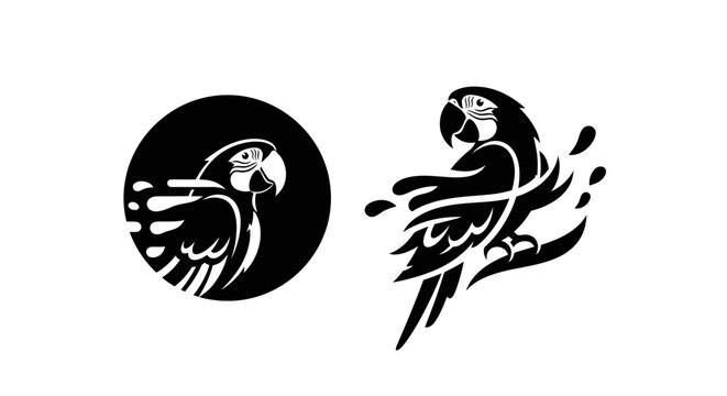 Black and white parrot vector icons in tribal silhouette stencil style