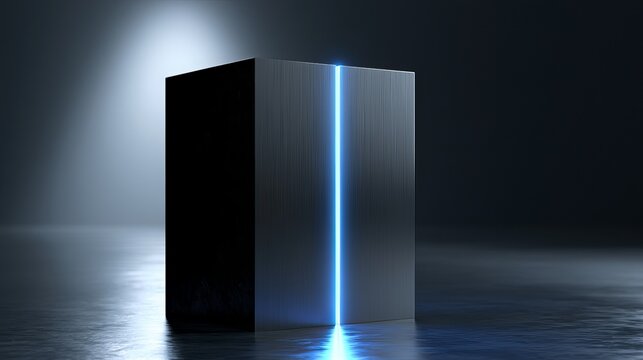Black obsidian monolith with glowing blue light, Luxury architectural product display with titanium accents and reflective floor.