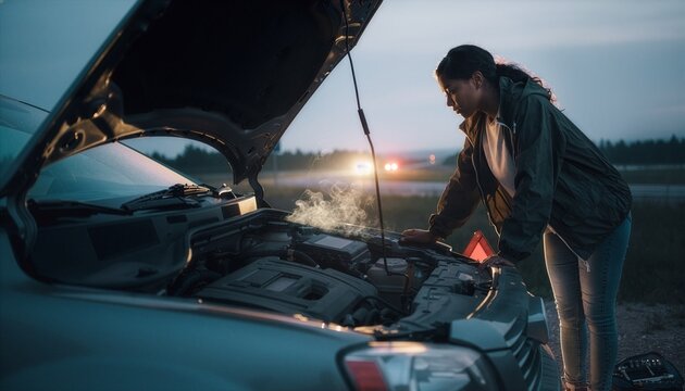 Faceless person with blurred head checking a smoking car engine under open hood.