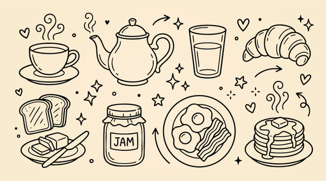Cozy Breakfast Doodle Vector Icon Set with Coffee and Morning Foods