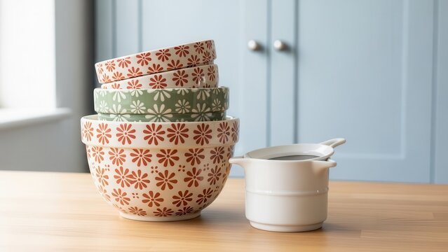 Stack of Hand-Painted Ceramic Bowls and Measuring Cup