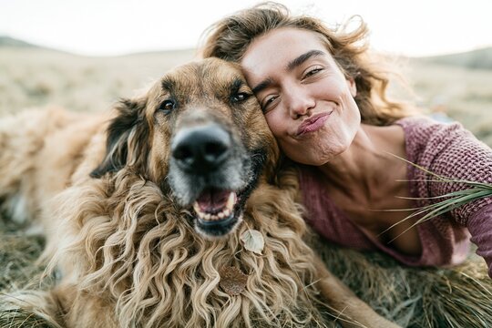 Wavy haired large dog and woman lying in a field for a selfie, showing a tender and affectionate human-animal bond in a soft grassy meadow
