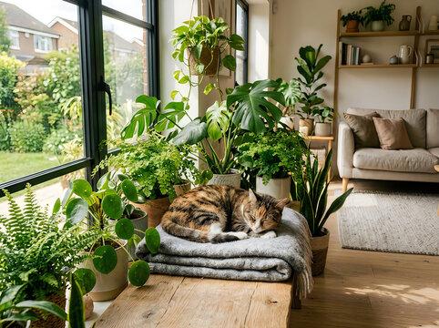 Cozy living room with abundant houseplants and a sleeping tabby cat