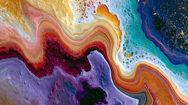 Detailed Artistic View of Colorful Abstract Geode Pattern with Flowing Red Blue Purple and Golden Layers