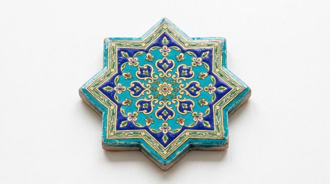 Traditional Persian Star-Shaped Ceramic Tile with Intricate Floral Pattern