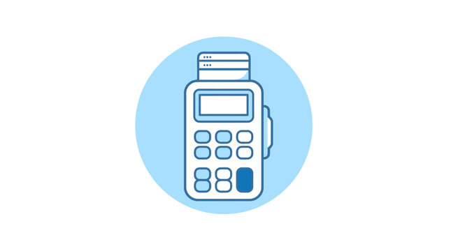 Digital POS terminal payment device icon on blue circle.