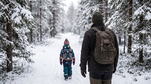 Father and child walking down a snowy trail in a dense winter coniferous forest on a cold winter day