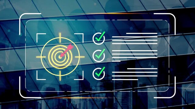 Conceptual illustration of a digital target with check marks on a transparent interface overlaying a modern cityscape, symbolizing goal achievement and strategy Gluon.