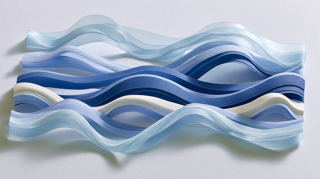 Abstract Composition Featuring Layered Blue and White Paper Waves Forming Flowing Three Dimensional Pattern