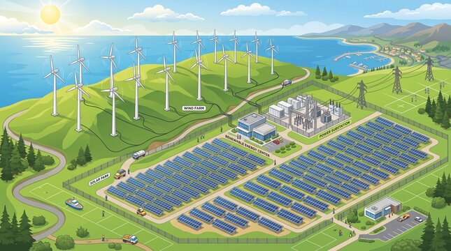 Illustrated renewable energy site with a "WIND FARM" on green hills by the coast, a "SOLAR PARK" with panel rows, a "RENEWABLE ENERGY CENTER", and "POWER SUBSTATION". Includes transmission towers, roa
