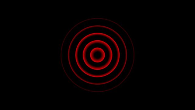 Digital radio waves screen animation on black screen.Abstract red color concentric graphic icon,radial fade wave for sound, swirl, radio.