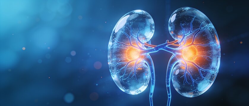 Glowing 3D illustration of human kidneys highlighting internal health and medical science