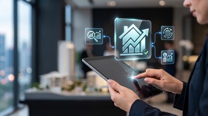 Fototapeta premium Real Estate Analyst Interacting with AI Property Valuation Hologram in Luxury Office