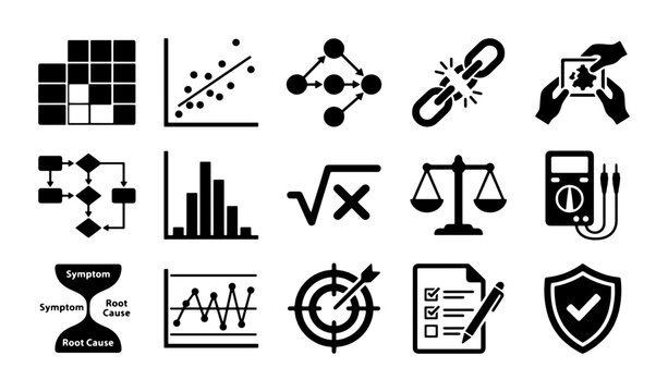 Data analysis and root cause problem solving icons, set of 15 black vector symbols for business statistics and quality control management