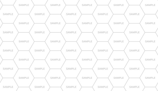 Seamless hexagon pattern with sample text watermark. Light gray honeycomb grid placeholder overlay on white background. Horizontal vector template.