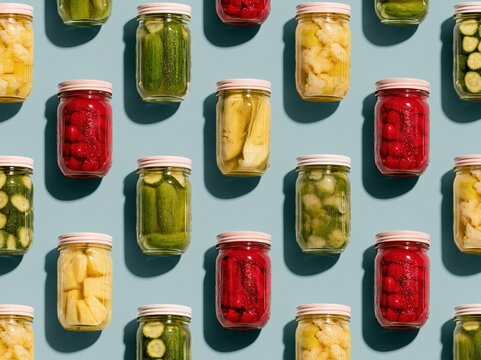 Mason jars of pickled vegetables in a repeating grid pattern with fresh colors and soft shadows for food preservation and culinary backgrounds