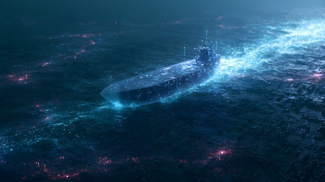 Abstract Futuristic Autonomous Cargo Ship Sailing on Digital Ocean with Glowing Blue Wake Light and Glowing Circuit Pattern Surface