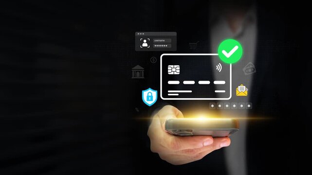 Secure Online Payment Concept. Businessman Using Credit Card for Online Transactions. Digital Payments, Online Bills, E-Commerce, Cashless Payment, Cybersecurity and Fintech, Financial Technology. 4K