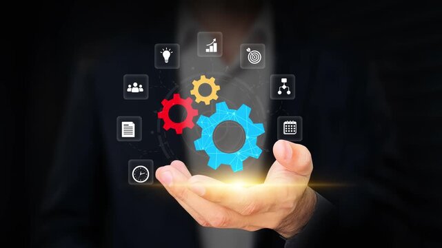 AI Workflow Automation and Systematic Process Concept. Businessman Holding Gear to Optimize Business Process on Virtual Screen. Improve Productivity and Efficiency, Digital Transformation Technology. 