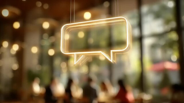 Illuminated chat symbol in a vibrant caf? setting