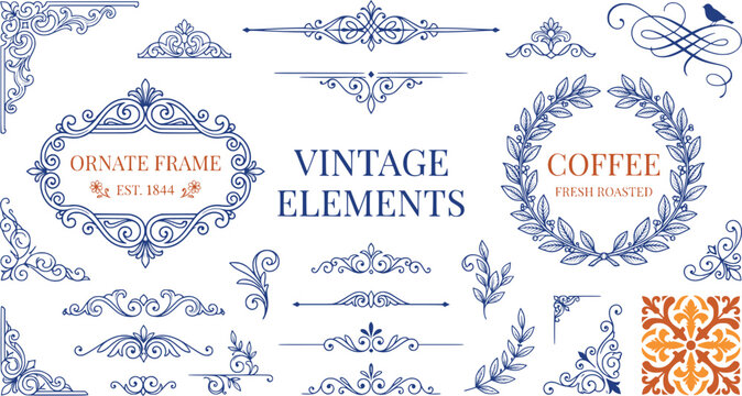 Vintage elements collection with ornate frame and dividers, blue filigree decorative borders and laurel wreath, elegant victorian design set in EPS format