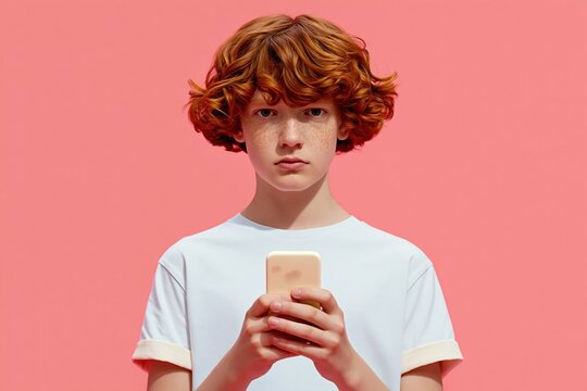 Serious boy with curly hair holding a smartphone against a pink background for technology addiction and youth digital wellness concepts
